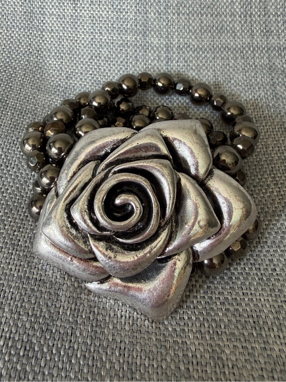 Big Silver Rose Bronze Metallic Beads 4 Strand Stretch Bracelet Statement Cuff